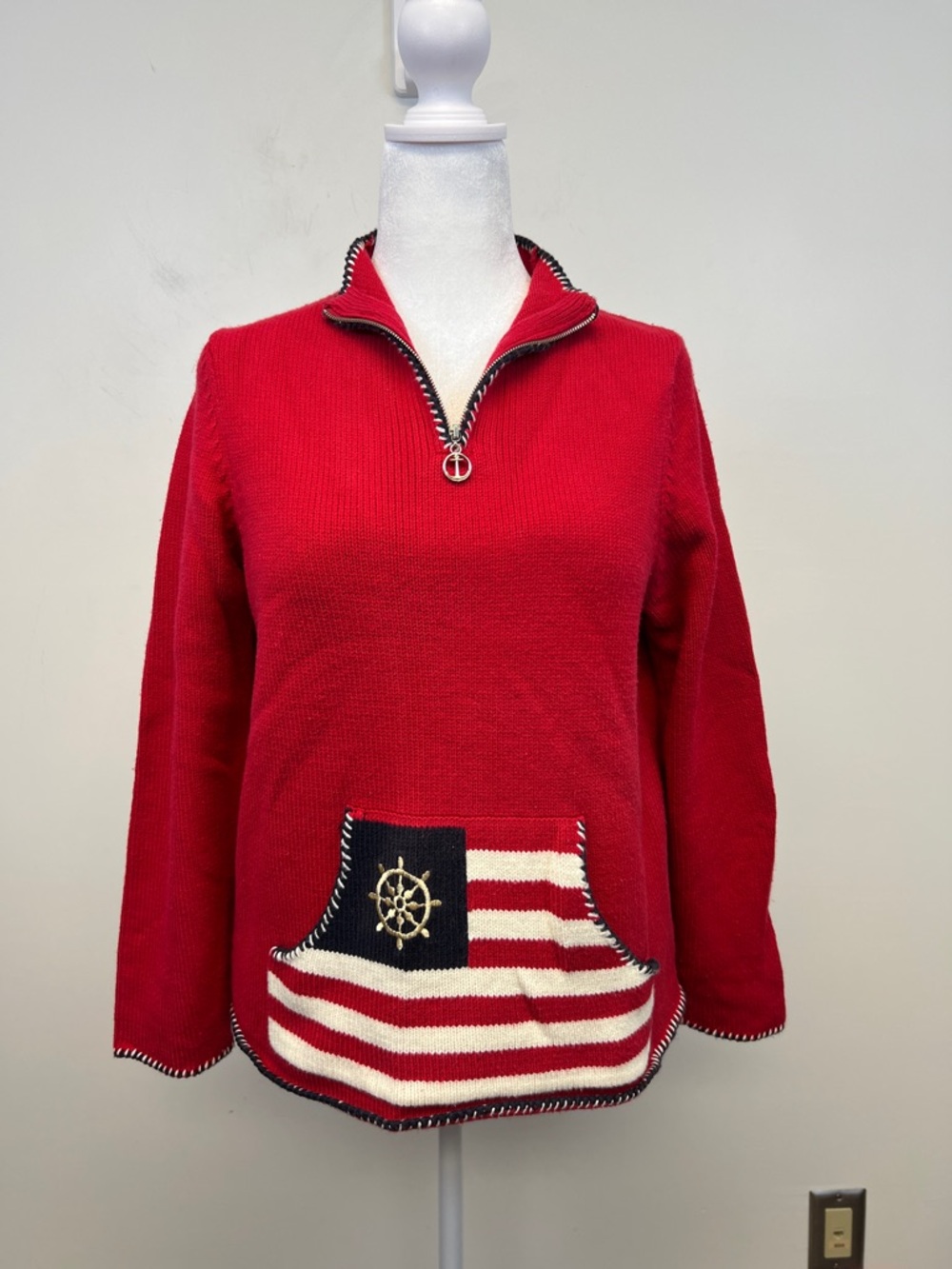 Villager Sport Women's Nautical Patriotic Red White Blue Sweater Sz Petite Large